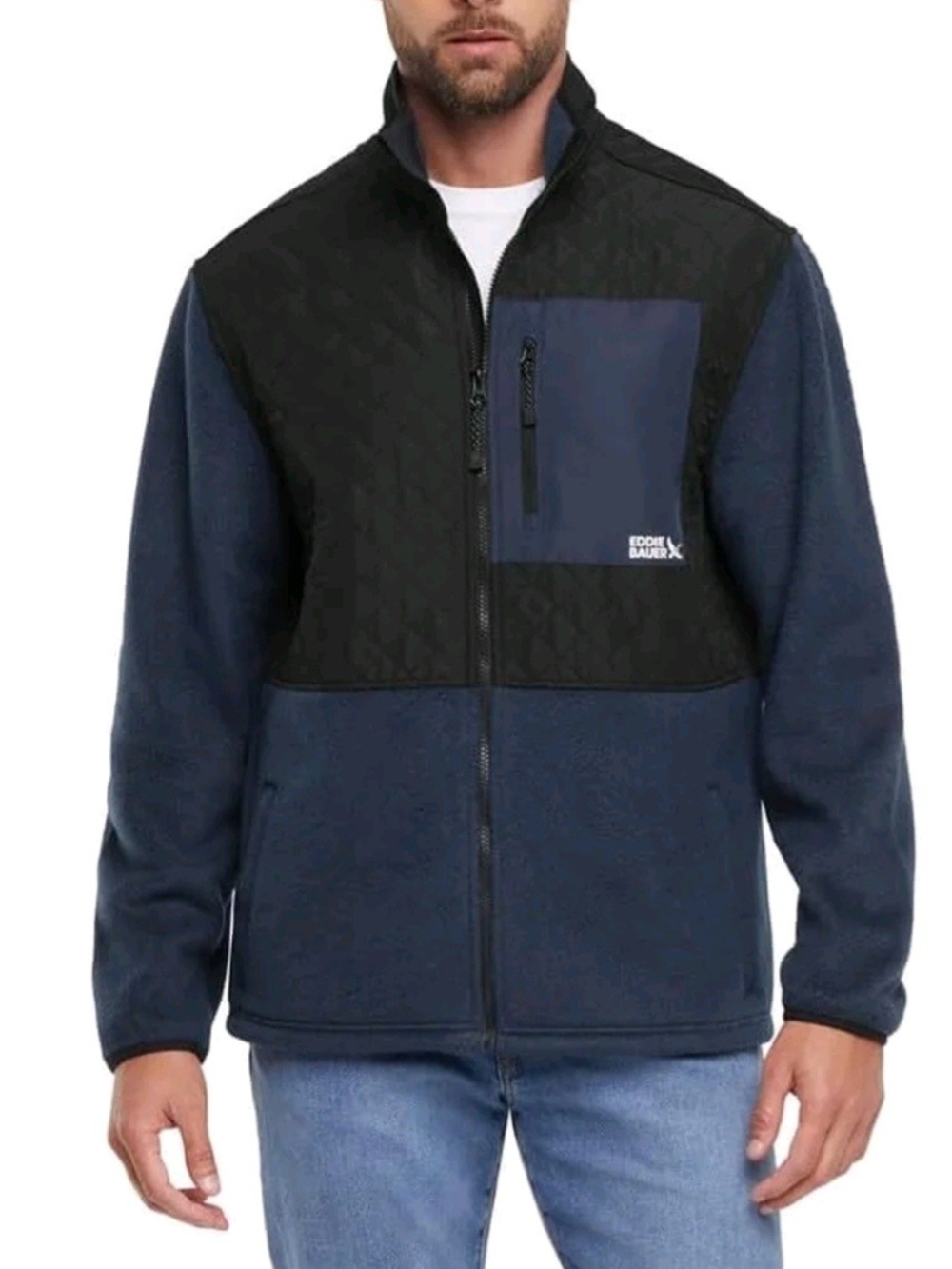 NWT Eddie Bauer Men’s Lightweight Mixed Media Fleece Jacket, Full Zip (NAVY/SMAL